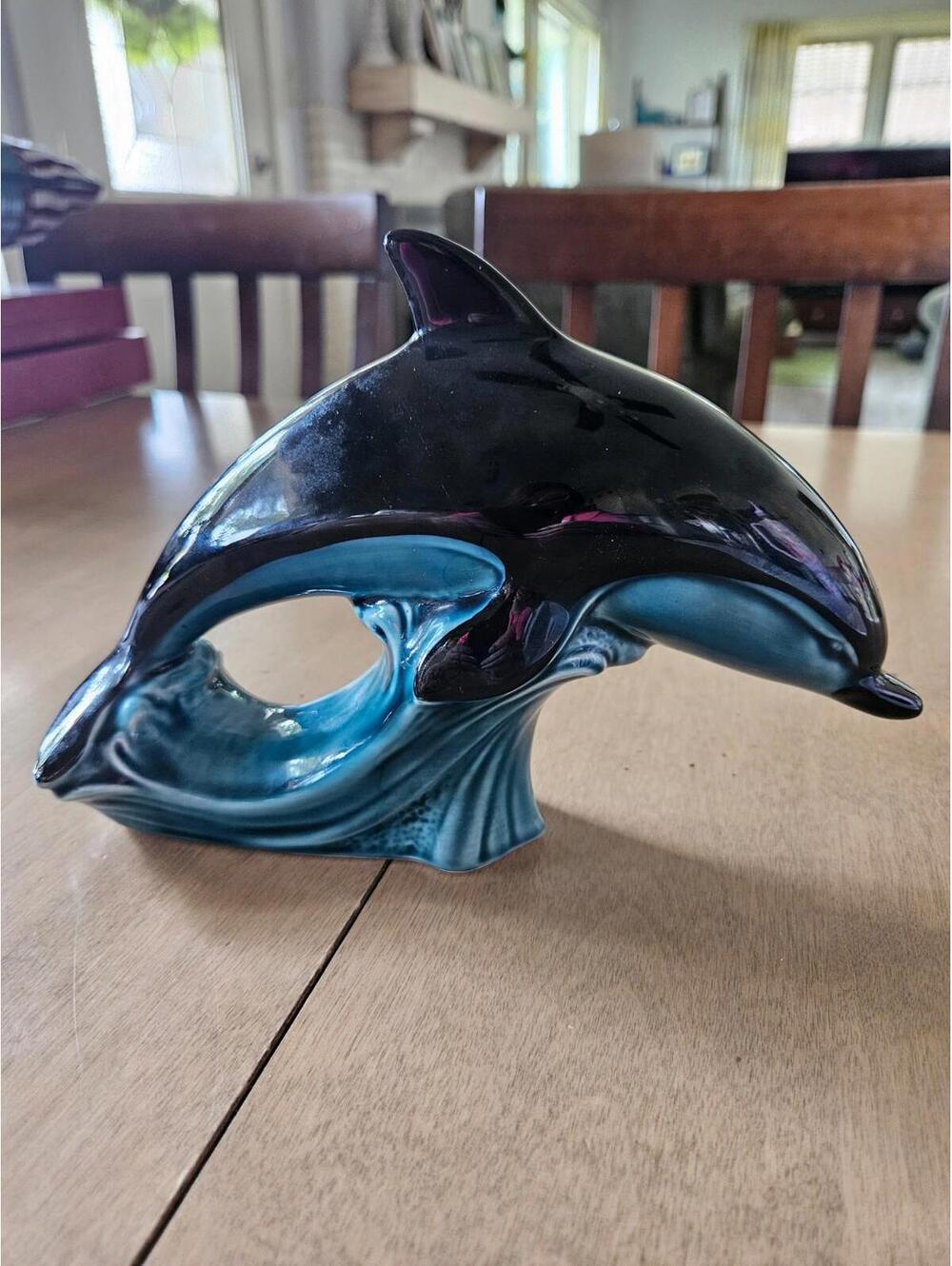 Vintgage Porcelain Doolphin, Green Blue & Black Statue Poole Porcelain 9"x6"